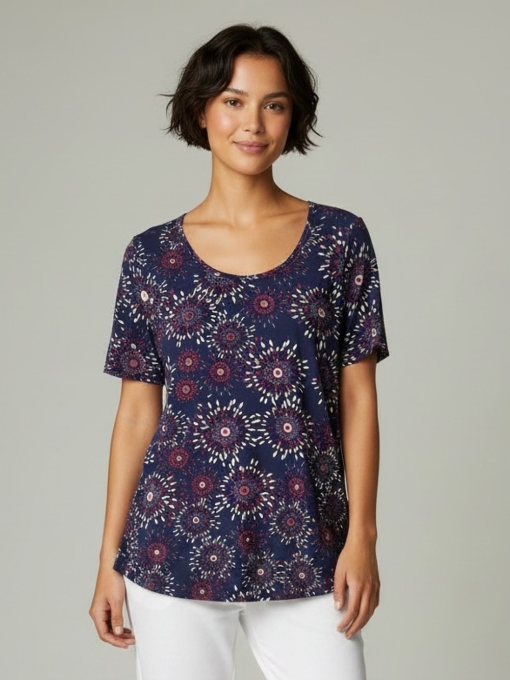 LuLaRoe Navy Floral Scoop Neck Tunic Top Blouse, Size S